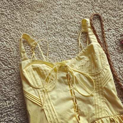 Pastoral style tie waist yellow holiday dress versatile