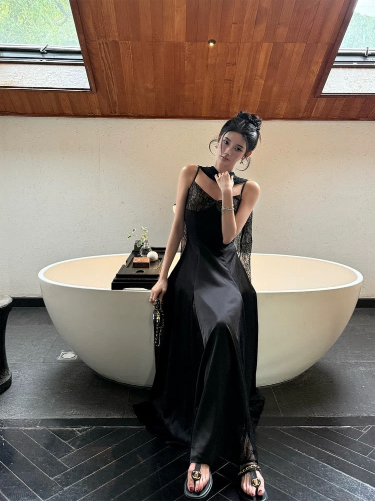 Barb Chill French Thousand Gold Lace Satin Dress Women's Summer New Shawl Halter Neck Long Dress