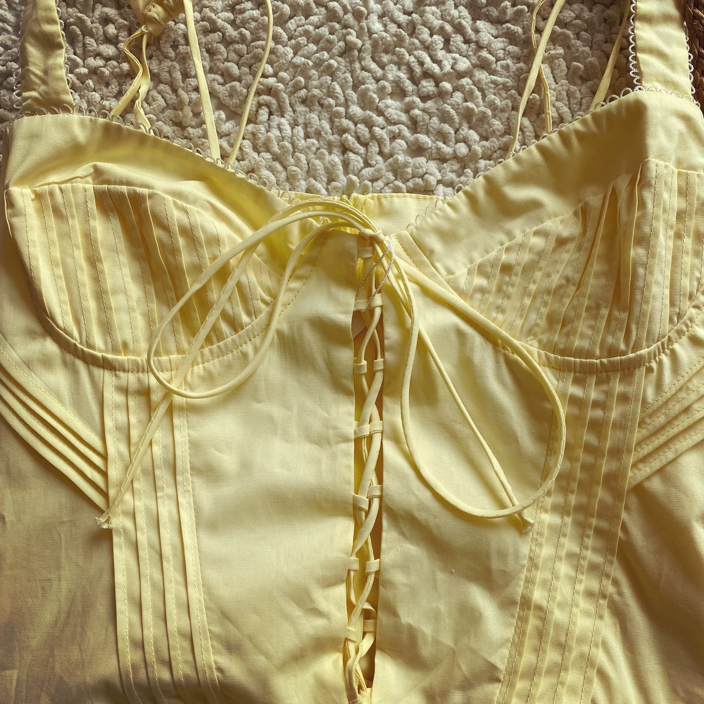 Pastoral style tie waist yellow holiday dress versatile