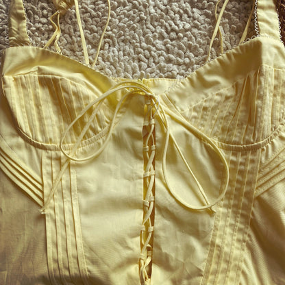 Pastoral style tie waist yellow holiday dress versatile