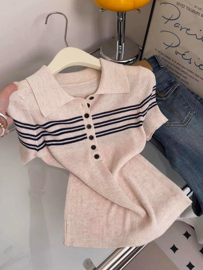 Women's Summer Slim-Fit Pink Knit Top – Soft & Elegant Style with Contrasting Stripes and Collar