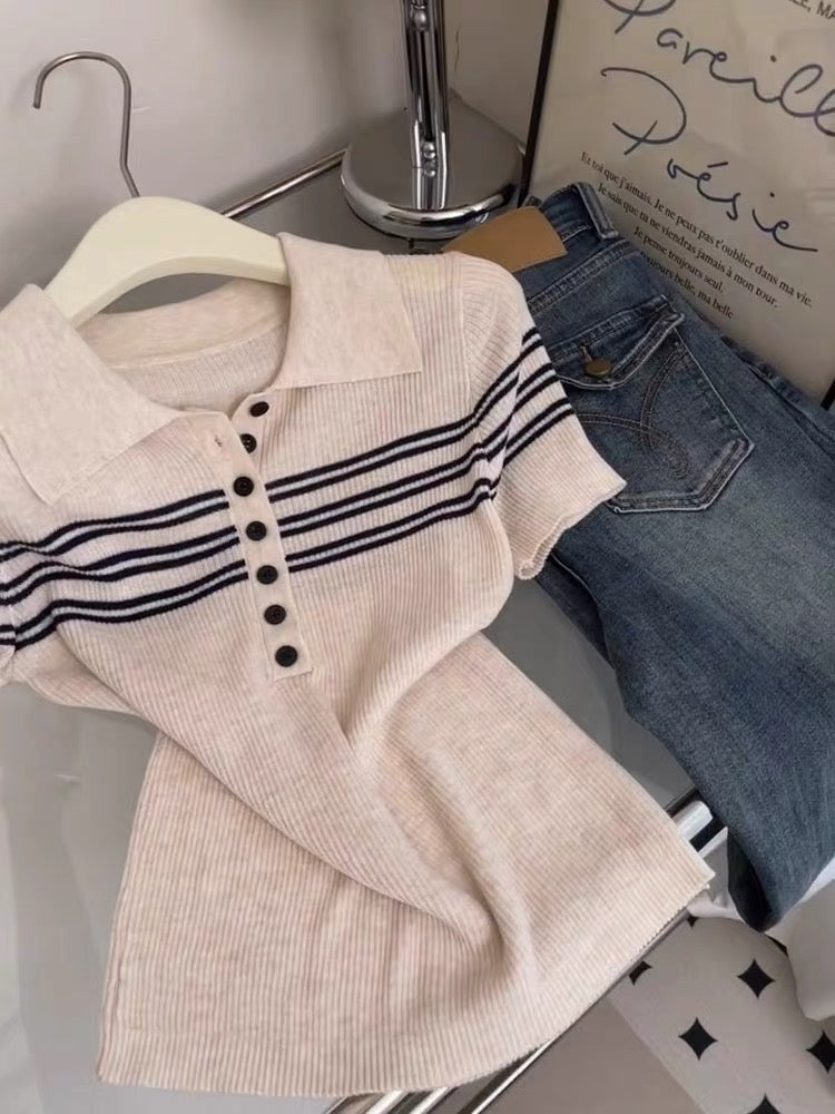 Women's Summer Slim-Fit Pink Knit Top – Soft & Elegant Style with Contrasting Stripes and Collar