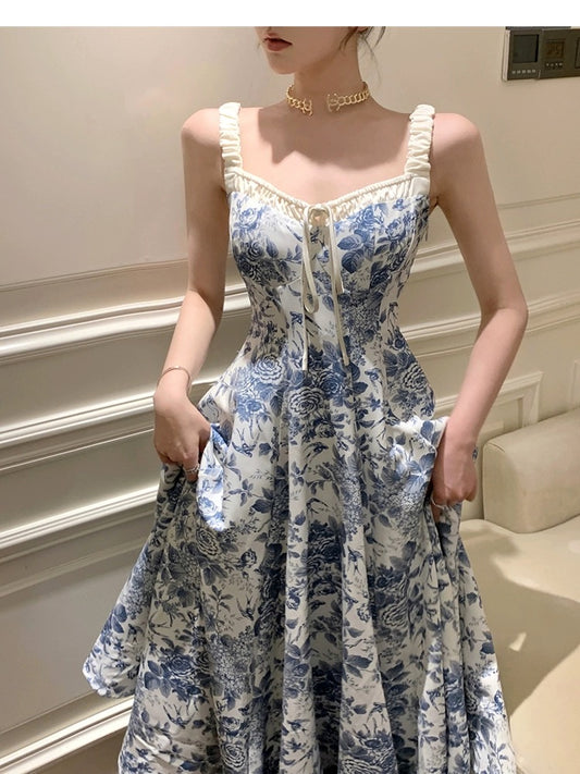 Phantom Fairy Suspender Floral Dress New Chinese Style Retro Style Drapey Seaside Vacation V-Neck Long Dress