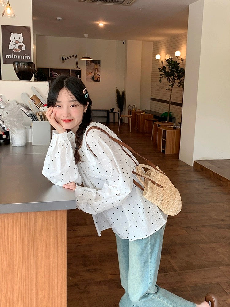 Lu Xiaotuan Tuan Korean style round neck pastoral style shirt women 2024 summer new style French style long-sleeved top