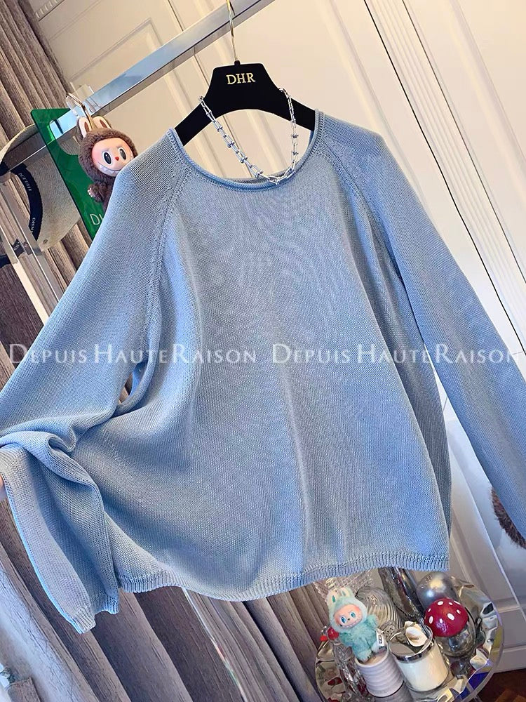 DHR French temperament lazy wind curled long-sleeved sweater sunscreen loose ice linen top female 2025 new
