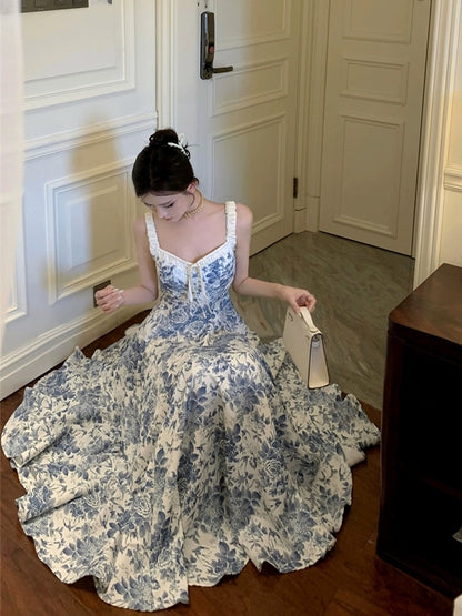 Phantom Fairy Suspender Floral Dress New Chinese Style Retro Style Drapey Seaside Vacation V-Neck Long Dress