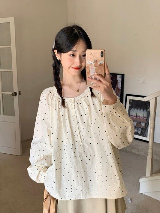 Lu Xiaotuan Tuan Korean style round neck pastoral style shirt women 2024 summer new style French style long-sleeved top