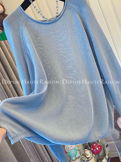 DHR French temperament lazy wind curled long-sleeved sweater sunscreen loose ice linen top female 2025 new