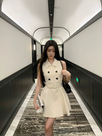Barb Chill white old money style sleeveless waist dress summer celebrity style double-breasted short skirt