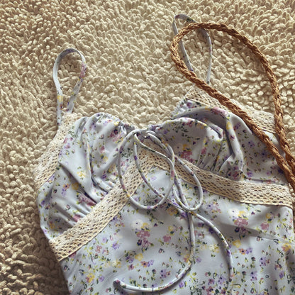 2025 Spring and Summer French Petite Long Tea Blue Floral Suspender Dress Holiday Style