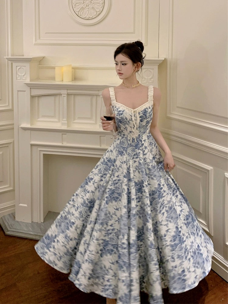 Phantom Fairy Suspender Floral Dress New Chinese Style Retro Style Drapey Seaside Vacation V-Neck Long Dress