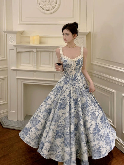 Phantom Fairy Suspender Floral Dress New Chinese Style Retro Style Drapey Seaside Vacation V-Neck Long Dress