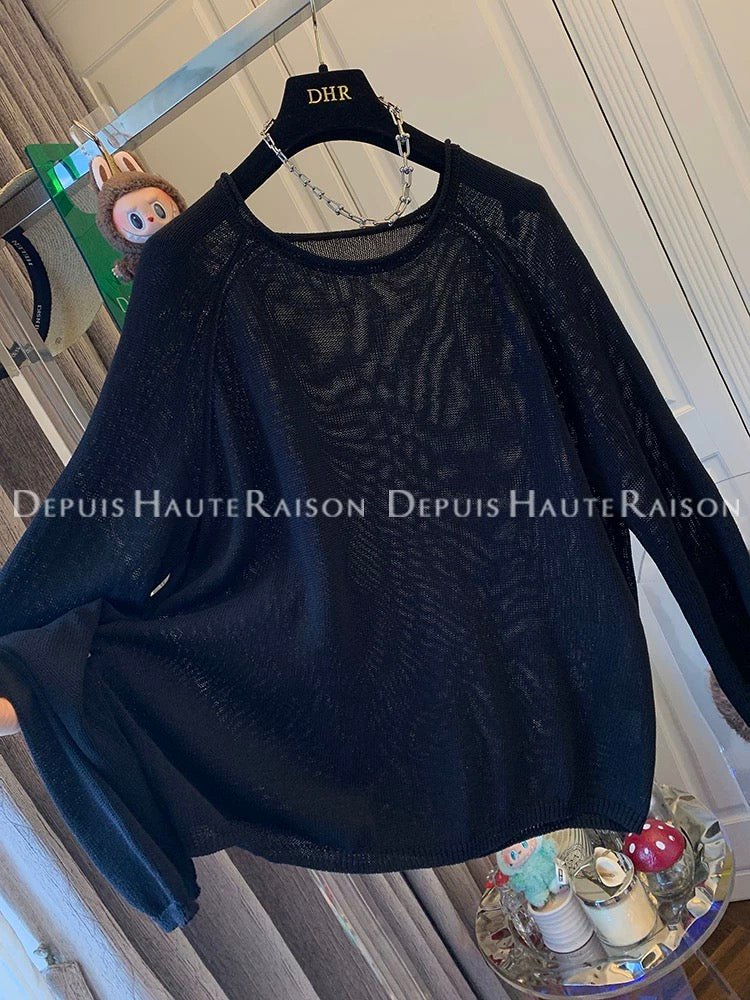 DHR French temperament lazy wind curled long-sleeved sweater sunscreen loose ice linen top female 2025 new