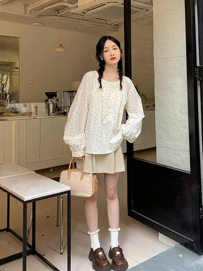 Lu Xiaotuan Tuan Korean style round neck pastoral style shirt women 2024 summer new style French style long-sleeved top