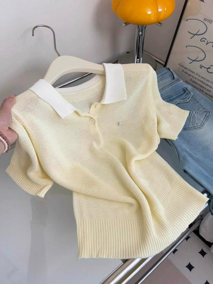 Korean-style preppy collared short-sleeve knit top for women; new summer arrival—a slim-fit, yellow knit top designed to flatter petite figures.