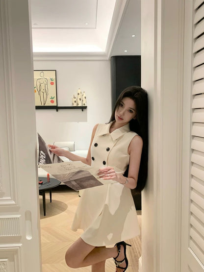 Barb Chill white old money style sleeveless waist dress summer celebrity style double-breasted short skirt