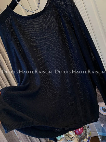 DHR French temperament lazy wind curled long-sleeved sweater sunscreen loose ice linen top female 2025 new