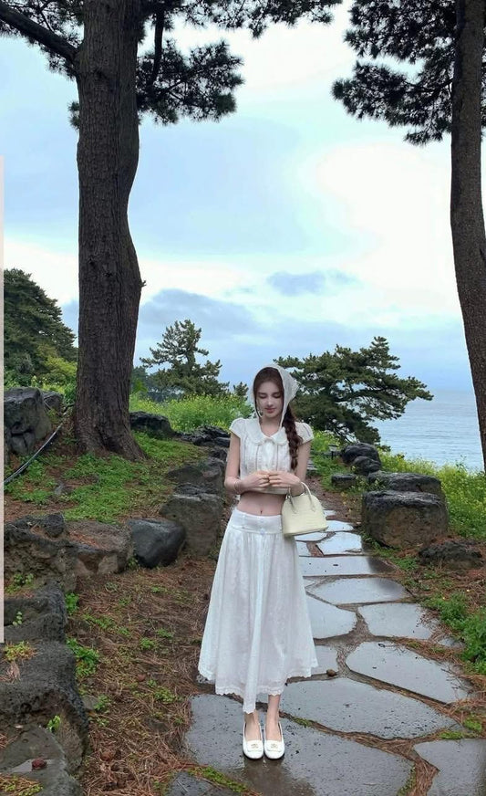 OKMASHOP "Tuileries Garden" 100 Cotton White Suit Women's Summer Shirt + Mini Skirt Two-Piece Set
