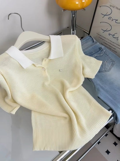 Korean-style preppy collared short-sleeve knit top for women; new summer arrival—a slim-fit, yellow knit top designed to flatter petite figures.