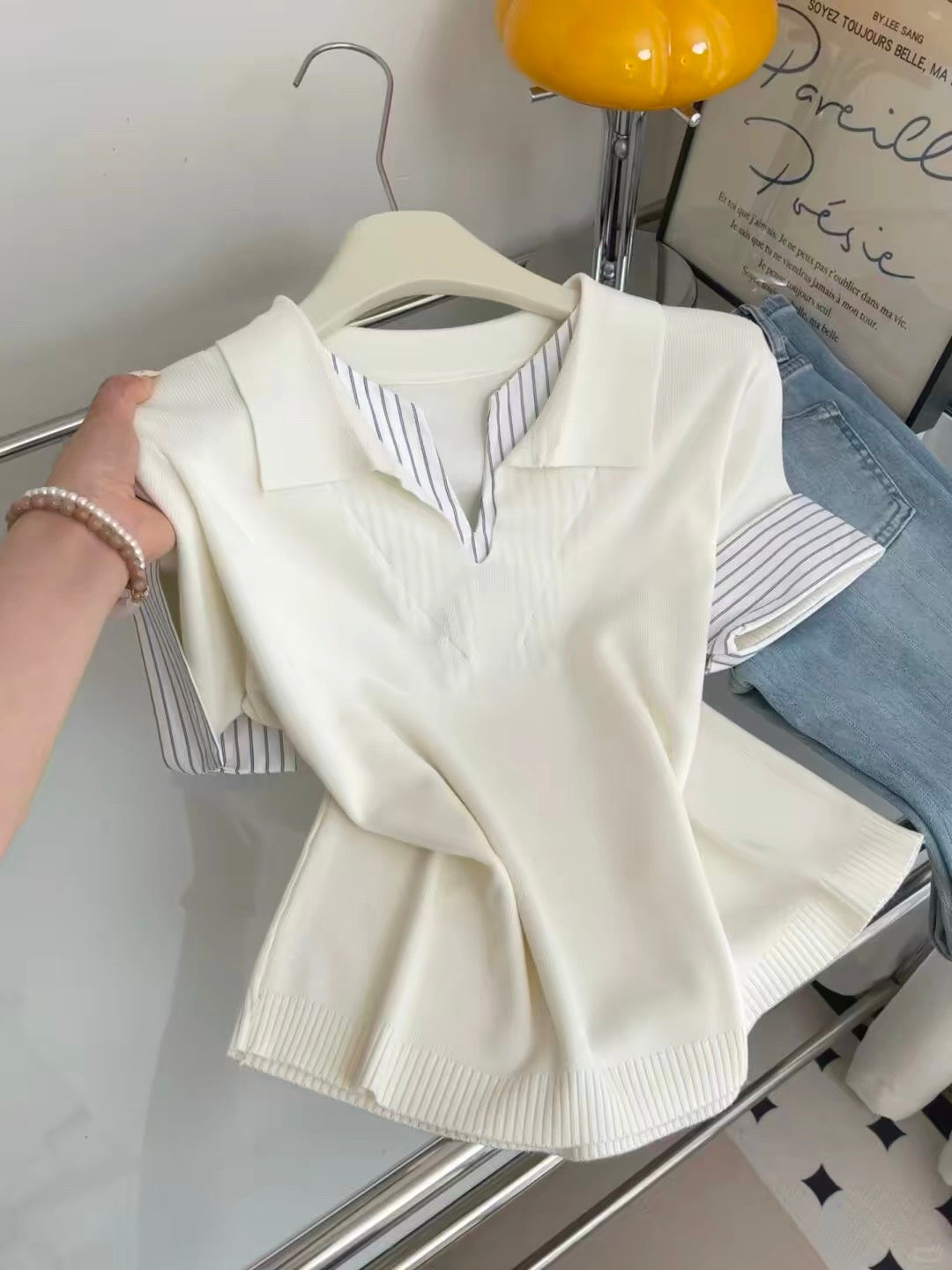 Korean-style chic striped short-sleeve T-shirt (faux-layered look) for women – 2026 Summer new arrival featuring a unique, slimming design.
