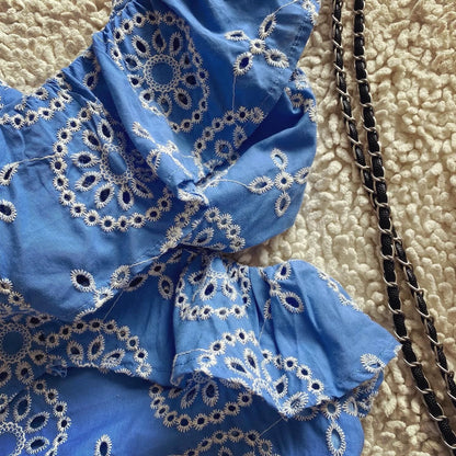 2024 summer new heavy embroidery ruffled large backless hollow embroidery dress holiday style