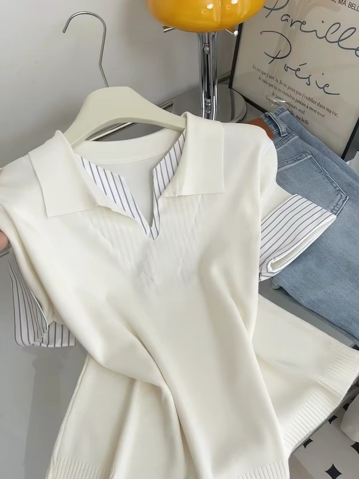 Korean-style chic striped short-sleeve T-shirt (faux-layered look) for women – 2026 Summer new arrival featuring a unique, slimming design.