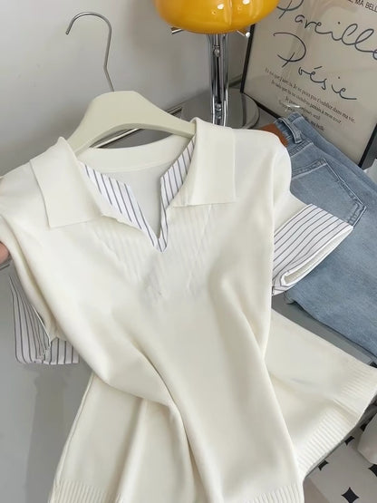 Korean-style chic striped short-sleeve T-shirt (faux-layered look) for women – 2026 Summer new arrival featuring a unique, slimming design.
