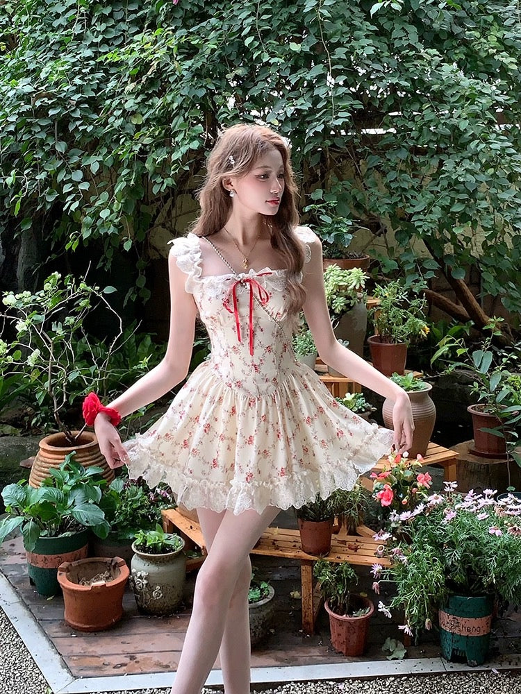 Drawing interpretation of WAHJU Love is in danger, floral sweet first love design, summer dress, feminine suspender skirt