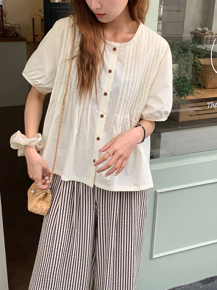 Lu Xiao Tuantuan accordion pleated short-sleeved doll shirt for women 2024 summer new sweet French loose chic top