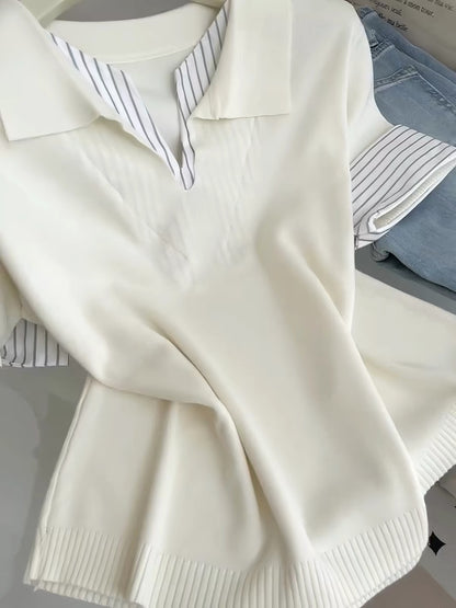 Korean-style chic striped short-sleeve T-shirt (faux-layered look) for women – 2026 Summer new arrival featuring a unique, slimming design.