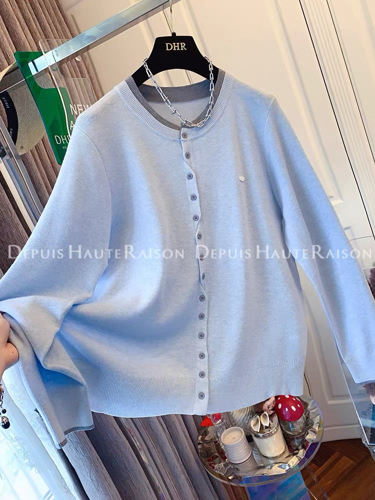 DHR French lazy style temperament contrast color fake two-piece long-sleeved knitted cardigan loose tops for women 2025 autumn