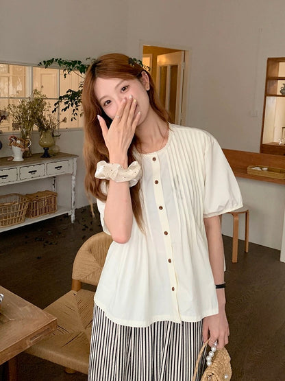 Lu Xiao Tuantuan accordion pleated short-sleeved doll shirt for women 2024 summer new sweet French loose chic top