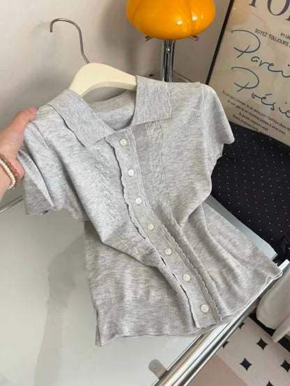 Stylish, chic, and casual grey short-sleeved knit top for women; features a collar and single-breasted design; slim-fit style that flatters petite figures—perfect for summer.