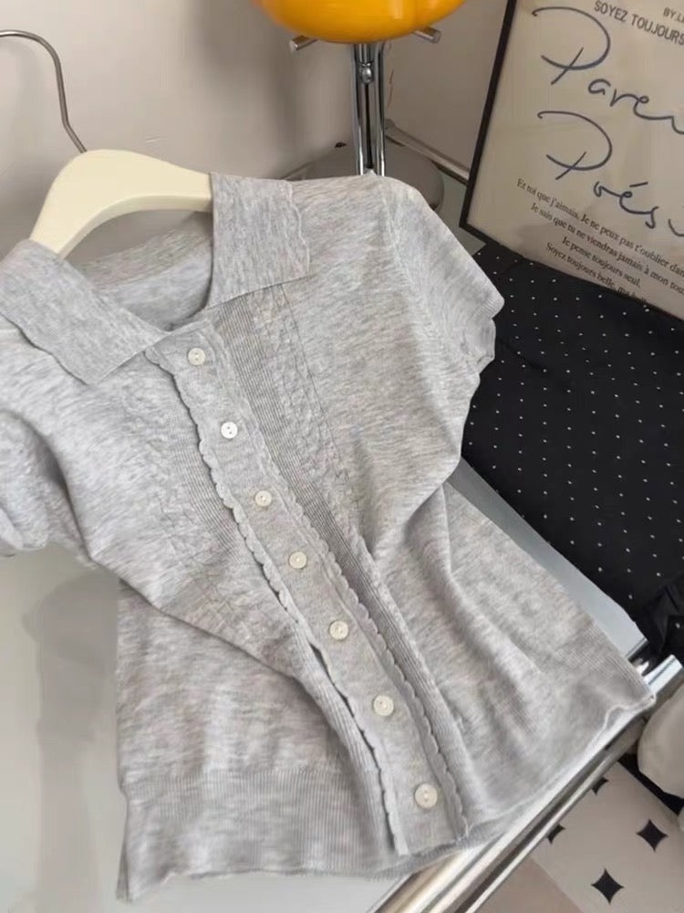 Stylish, chic, and casual grey short-sleeved knit top for women; features a collar and single-breasted design; slim-fit style that flatters petite figures—perfect for summer.