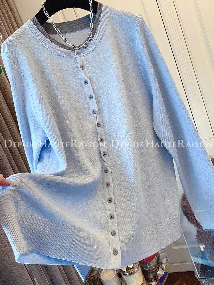 DHR French lazy style temperament contrast color fake two-piece long-sleeved knitted cardigan loose tops for women 2025 autumn