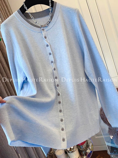 DHR French lazy style temperament contrast color fake two-piece long-sleeved knitted cardigan loose tops for women 2025 autumn