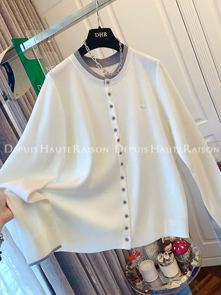 DHR French lazy style temperament contrast color fake two-piece long-sleeved knitted cardigan loose tops for women 2025 autumn