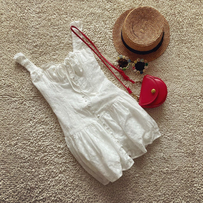 French holiday style cotton embroidery waist white suspender dress short skirt for women