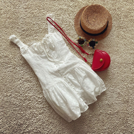 French holiday style cotton embroidery waist white suspender dress short skirt for women