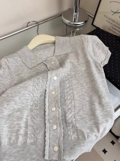 Stylish, chic, and casual grey short-sleeved knit top for women; features a collar and single-breasted design; slim-fit style that flatters petite figures—perfect for summer.