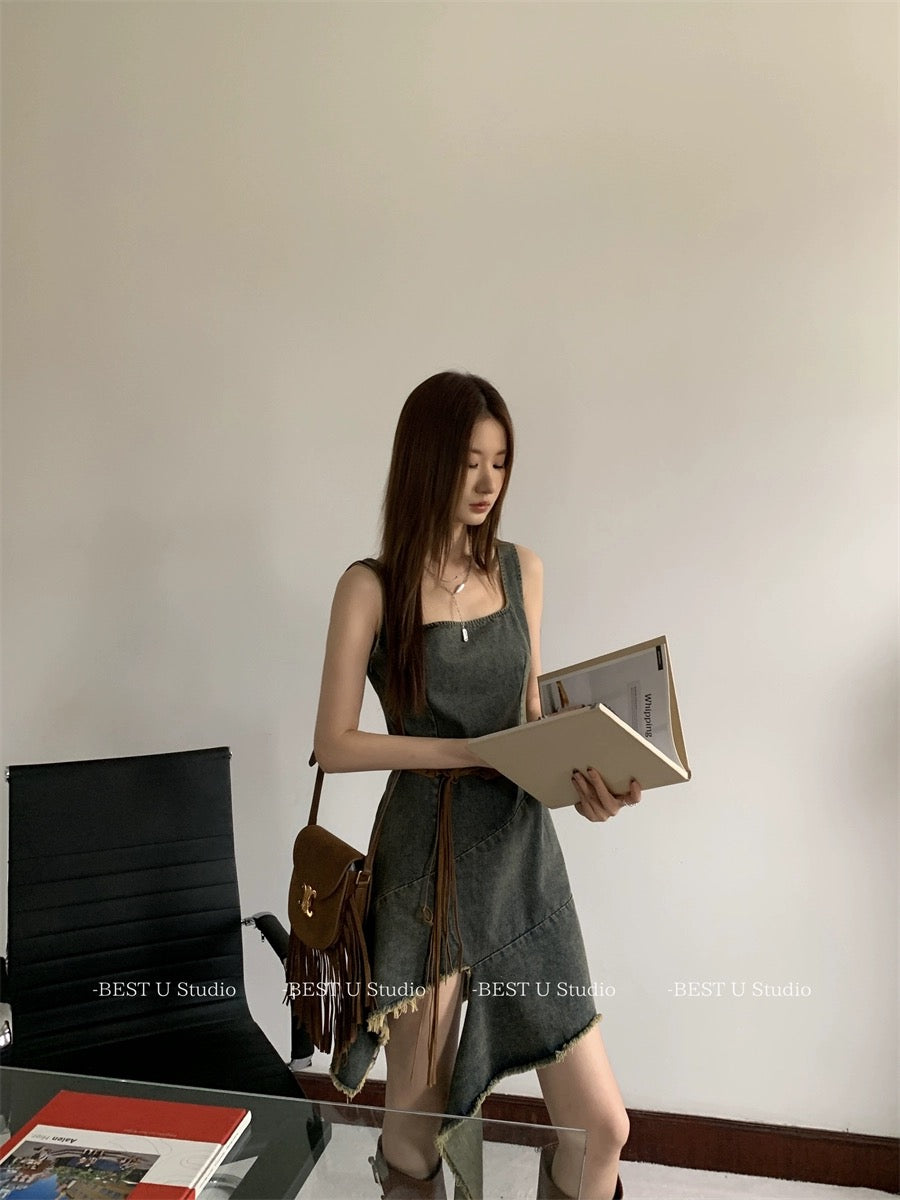 Best U retro irregular denim suspender skirt women's spring and summer new dress washed distressed raw edge skirt