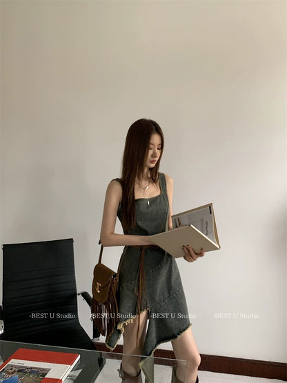 Best U retro irregular denim suspender skirt women's spring and summer new dress washed distressed raw edge skirt
