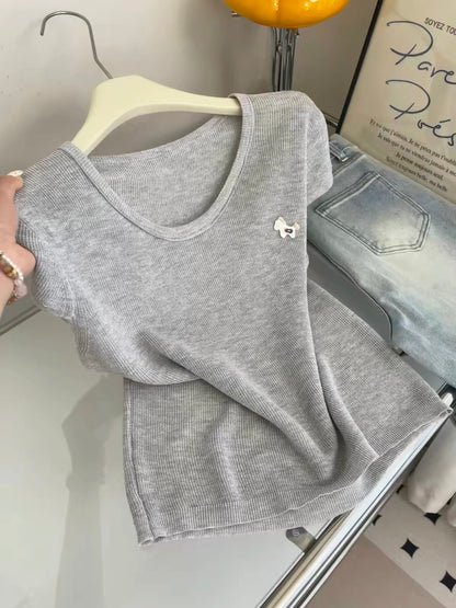 Women's Preppy-Style Casual U-Neck Stretch Knit Short-Sleeve T-Shirt – 2026 Spring/Summer New Arrival (Slim-Fit, Youthful & Chic)