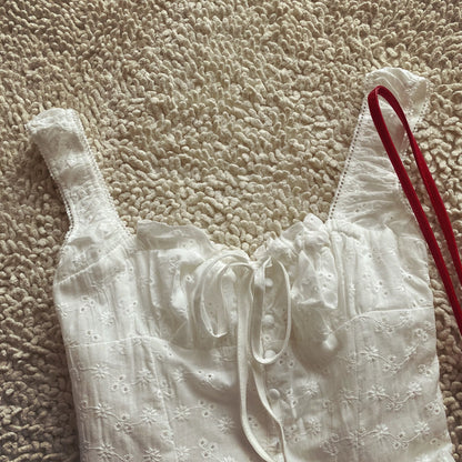 French holiday style cotton embroidery waist white suspender dress short skirt for women