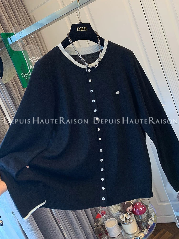 DHR French lazy style temperament contrast color fake two-piece long-sleeved knitted cardigan loose tops for women 2025 autumn