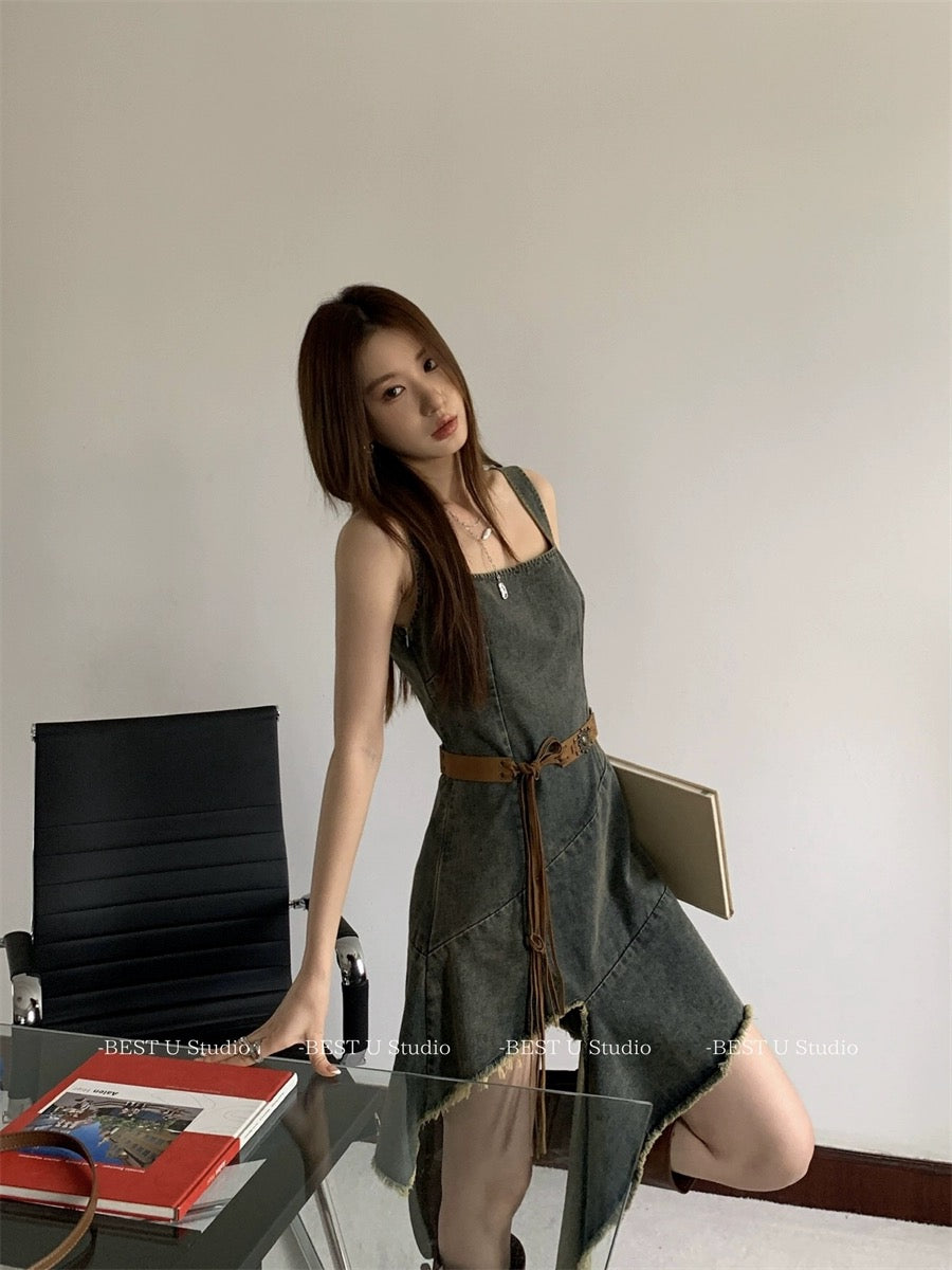 Best U retro irregular denim suspender skirt women's spring and summer new dress washed distressed raw edge skirt