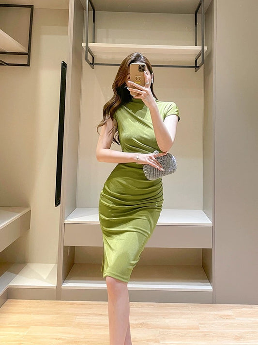 French style small flying sleeve dress for small people, new summer style, stand-up collar, waist slimming, slim fit, slit and hip skirt