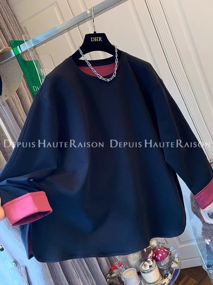 DHR unique design temperament contrast color round neck long sleeve T-shirt sweater bottoming shirt loose top female 2025 autumn