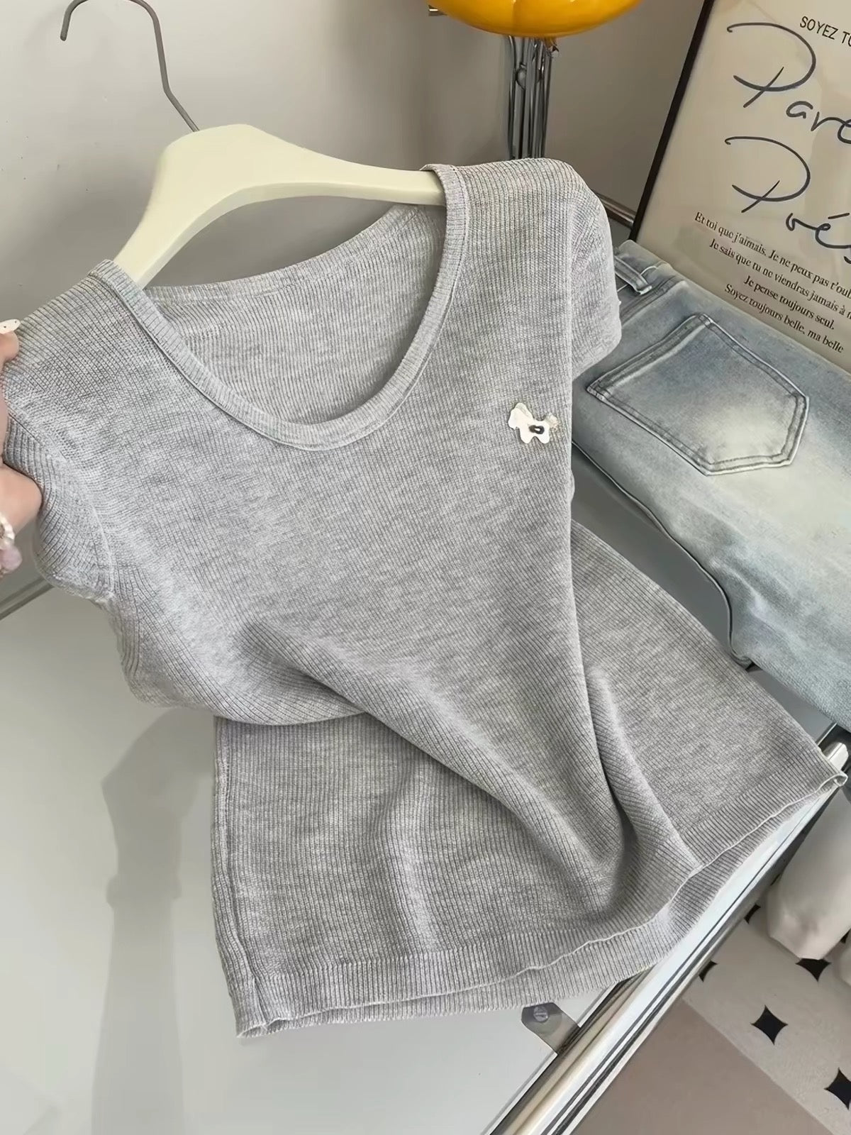 Women's Preppy-Style Casual U-Neck Stretch Knit Short-Sleeve T-Shirt – 2026 Spring/Summer New Arrival (Slim-Fit, Youthful & Chic)
