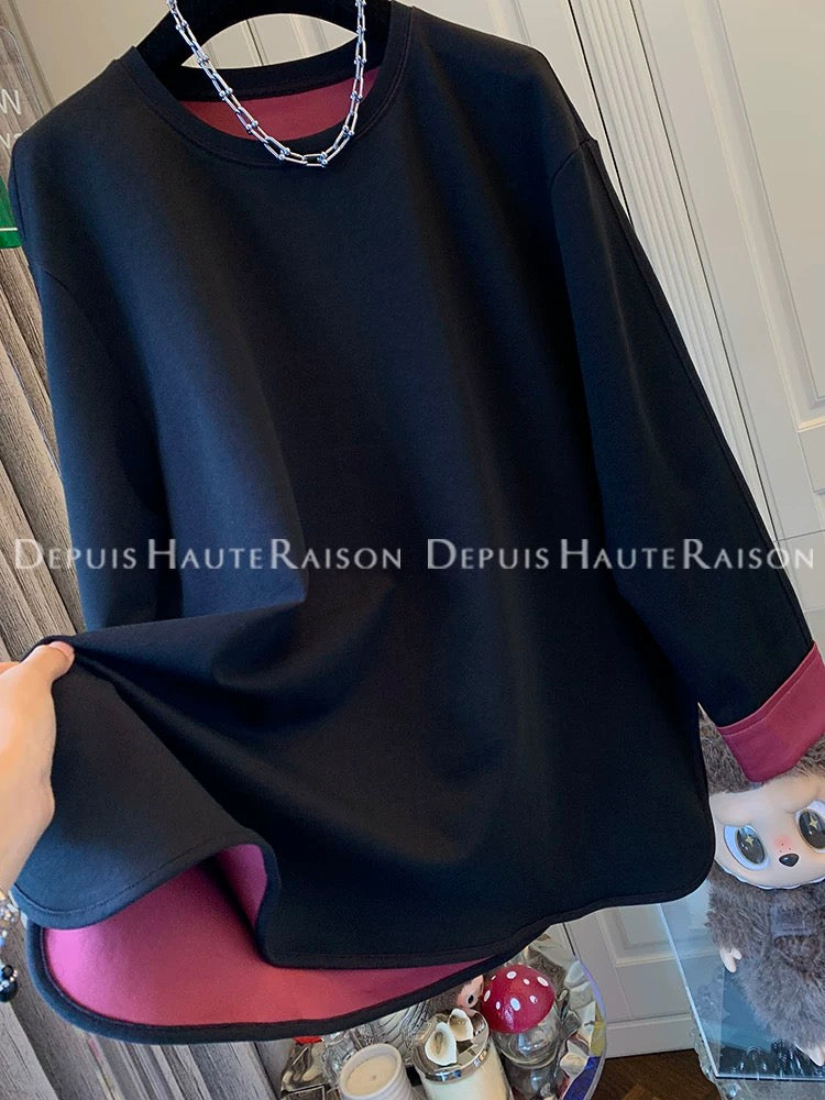 DHR unique design temperament contrast color round neck long sleeve T-shirt sweater bottoming shirt loose top female 2025 autumn